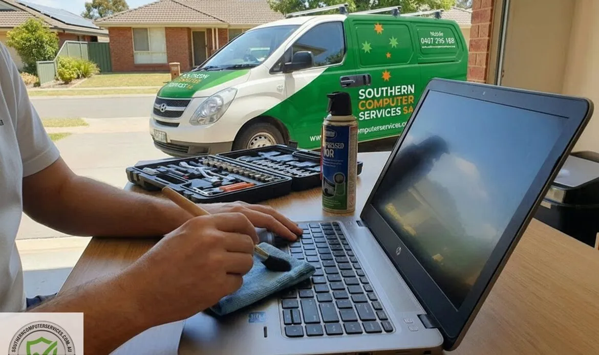 laptop maintenance and computer repairs being performed by technician