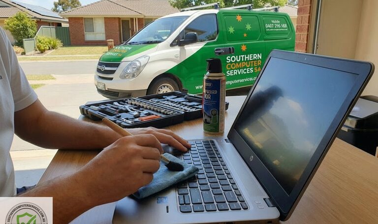 laptop maintenance and computer repairs being performed by technician