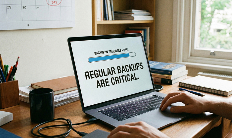 regular backups are critical message on laptop screen