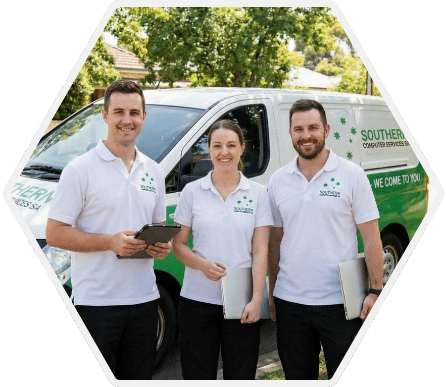southern computer services sa technicians standing in front of company van